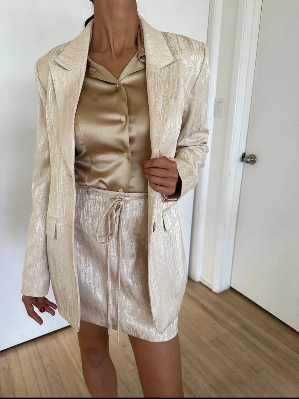 NAKD & Molly Rusters mini skirt blazer set EU 36 shimmery shiny beige gold